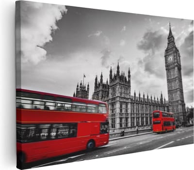 Artaza Canvas Schilderij Big Ben - 30x20 cm - Klein - Wanddecoratie Londen Skyline - Muurdecoratie Dubbeldekker Bus - Kamer Accessoires