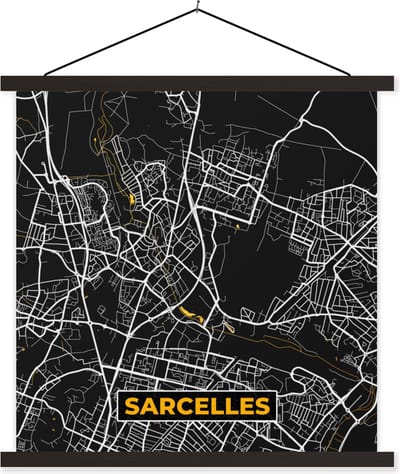 Posterhanger incl. Poster 60x60 cm - Schoolplaat - Plattegrond – Sarcelles – Stadskaart – Kaart – Frankrijk - Textielposter - Zwarte latten - Stadskaart