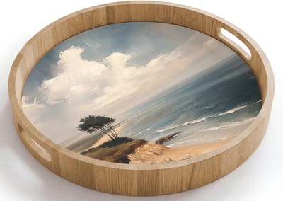 Dienblad rond 40x40 cm - Schootdienblad hout - Klif - Zee - Boom - Borrelplank rechthoek - Plateau houten dienbladen