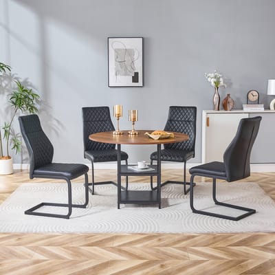 MODENUIT Eettafelset 107 cm - Ronde Tafel Met 2 Opbergplanken En 4 Stoelen - Voor Kleine Ruimtes - MDF En Metaal - Zwart
