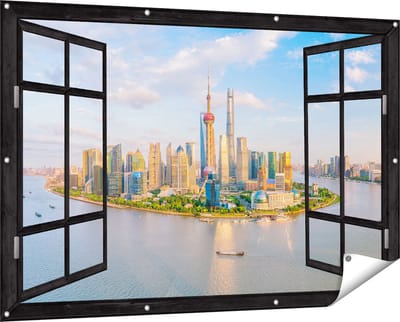 Gards Tuinposter Doorkijk Skyline Shanghai Stad in China - 150x100 cm - Tuindoek - Tuindecoratie - Wanddecoratie buiten - Tuinschilderij