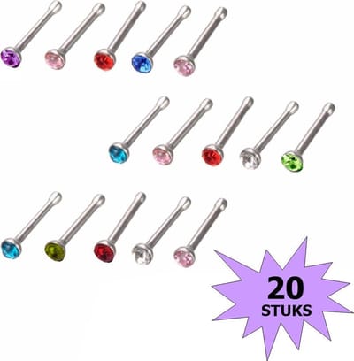 Fako Bijoux® - Neuspiercing - Staafje Kristal - 1.8mm - Gekleurd - 20 Stuks