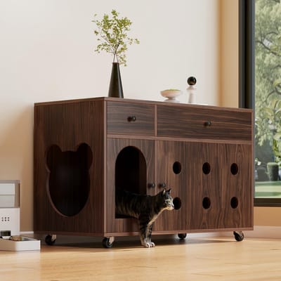 PHOEBE CAT Kattenbakkast - Verplaatsbare kattenbak - Uitneembare zandopvangplaat - Geurwerend ontwerp - Walnootkleur (zonder kattenbak)