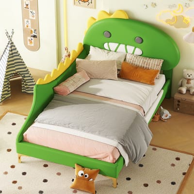 Sweiko 90*200cm Kinderbed, Cartoon Dinosaurus vorm, Tweepersoonsbed, Plat bed, PU materiaal, Groen