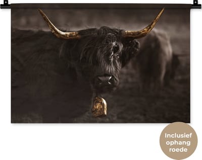 Wandkleed - Wanddoek - Schotse hooglander - Dier - Zwart - wit - 60x40 cm - Wandtapijt