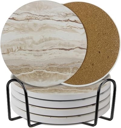 KZQ Keramische onderzetters set - Marmertextuur - Inclusief standaard - 6 onderzetters - Zeer absorberend - Kurken onderkant - Geschikt voor kopjes, bartafels en als decoratie voor salontafels - Marmertextuur