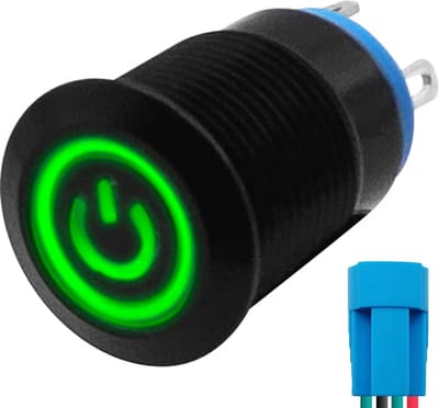 ProRide Metalen Drukschakelaar 220V ON-OFF - 12mm - Aan/uit schakelaar met Aansluitkabel - Spatwaterdicht - LED Indicatie Groen