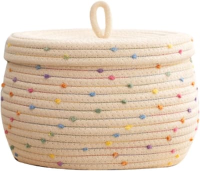 Katoenen Touw Mand - Geweven Opbergdoos - Ronde Kleurrijke Decoratieve Stippen - Grote Capaciteit met Deksel - voor Wasgoed Handdoek Speelgoed Eieren Kleine Items