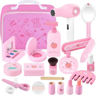 Houten kinderschminkset voor meisjes - 16-delige make-upkoffer en beautyset voor kinderen, ideaal verjaardagscadeau vanaf 3 jaar