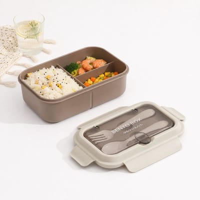 VHV - Lunchbox - Broodtrommel - Luchtdichte Lunchbox met 3 Vakken - 1200ml - BPA-vrije Voedselcontainer voor Magnetron - Lekvrije Broodtrommel - 21.1x13.8x7.8 cm - beige bruin