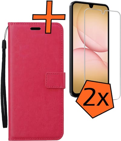 Hoes - Met 2x Screenprotector - Geschikt voor Samsung Galaxy A17 - Luxe Pasjeshouder - Bookcase Portemonee - Flip Case - Kunstleer Book Case - Flipcase Hoes - Book Cover - Walletcase - PortemonneeHoes - Donkerroze