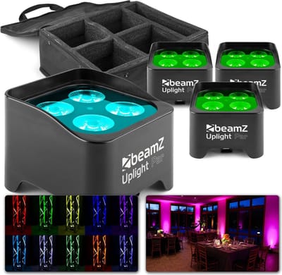 Uplighter - BeamZ BBP90 set van 4 accu Uplights - Met tas en afstandsbediening - Kleur en blacklight