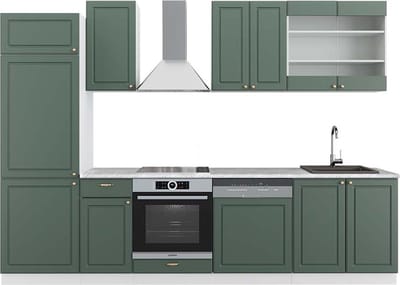 Vicco Fame-Line Complete keukeneenheid – 300 cm, WB Marmer Groen-Goud Landhuis/Wit