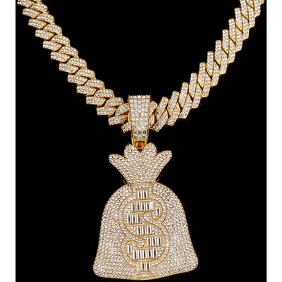 Heren Dames Hip Hop Dollarteken Geldzak Hanger Ketting Met 14mm Cubaanse KettingUSD Geldzak Kettingen Trendy Bedel Sieraden Cadeau beige