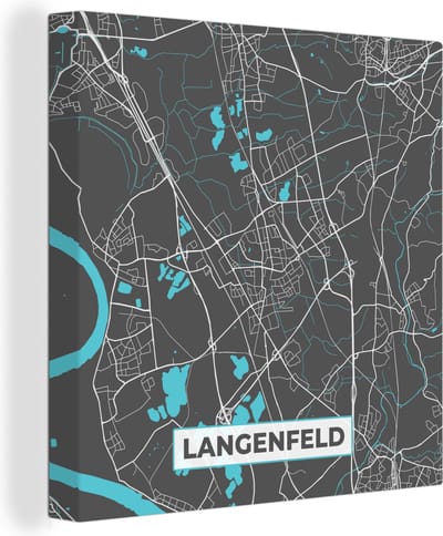 Canvas Schilderij Blauw – Duitsland – Plattegrond – Stadskaart – Kaart – Langenfeld - 20x20 cm - Wanddecoratie