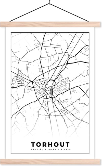 Posterhanger incl. Poster 40x60 cm - Schoolplaat - België – Torhout – Stadskaart – Kaart – Zwart Wit – Plattegrond - Textielposter - Blanke latten - Stadskaart
