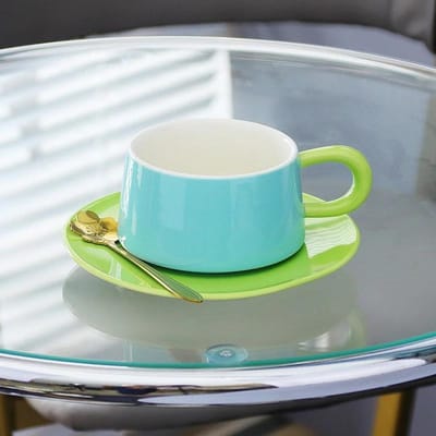 Keramische Koffiekop met Schotel & Lepel Set Creatieve Contrasterende Kleuren Exquise Retro Afternoon Tea Kop Melk Espresso Mok