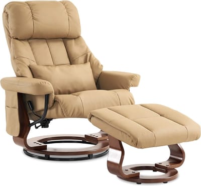 Mara Luxe Massagestoel - Met Kruk - 360° Draaibaar - Relaxstoel - Ligfunctie - Kunstleer - Hout - Geel Beige - 90 x 86 x 110 cm
