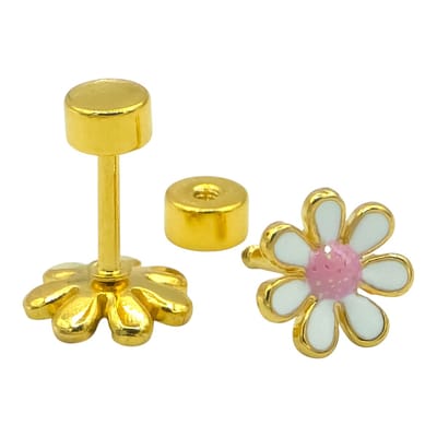 Oorbellen meisje - Hypoallergeen - Verguld staal - Goudkleurig met witte bloem - 8 mm