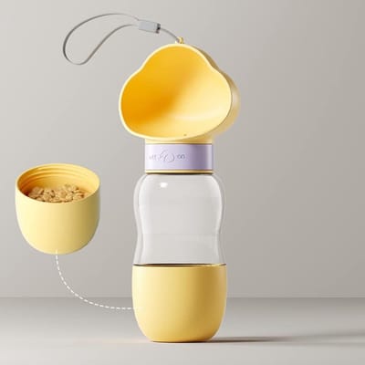 Daity Draagbare drinkfontein voor huisdieren, drinkfles voor honden, drinkbak voor katten, voerbak voor huisdieren, 350+200ml (geel)