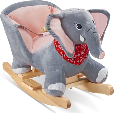 tectake® Olifant Schommelstoel - Schommeldier met Geluid - Hobbeldier met Pluche Bekleding - Met Rugleuning en Veiligheidsriem - Vanaf 12 Maanden - Baby - 45,5 cm Hoog - Schommelpaard - Hobbelpaard