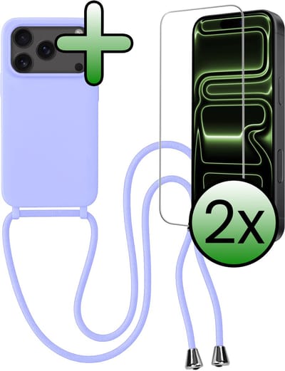 Hoes Geschikt voor iPhone 17 Pro / 18 Pro Hoesje Met Koord Met 2x Screenprotector - Telefoonhoesje Geschikt voor iPhone 17 Pro / 18 Pro Backcover Met Afneembaar Koord - Lila