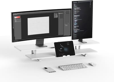Casemania Monitorstandaard met Telefoonhouder - Wit - Beeldscherm Verhoger voor 2 Monitoren - Tweelaags Monitor Standaard met Opbergplank - Extra Brede Bureauverhoger - Beeldschermstandaard - Bureau Organizer voor Thuiswerkplek en Kantoor