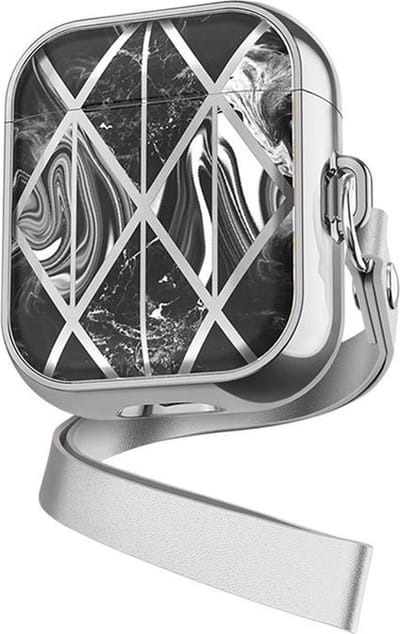 DrPhone PL2 - Marmer Patroon Case - Beschermende Case – Silicone & TPU Cover - Zwart – Geschikt voor Airpods 1/2- Zilver