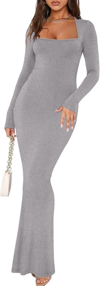 Dames Sexy Vierkante Hals Lange Mouw Jurk – Zachte Bodycon Maxi voor Herfst