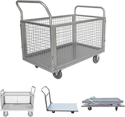 4-in-1 Platformwagen met Afneembare Wanden en Inklapbaar Rooster - Veelzijdige Transportwagen voor Magazijn en Werkplaats