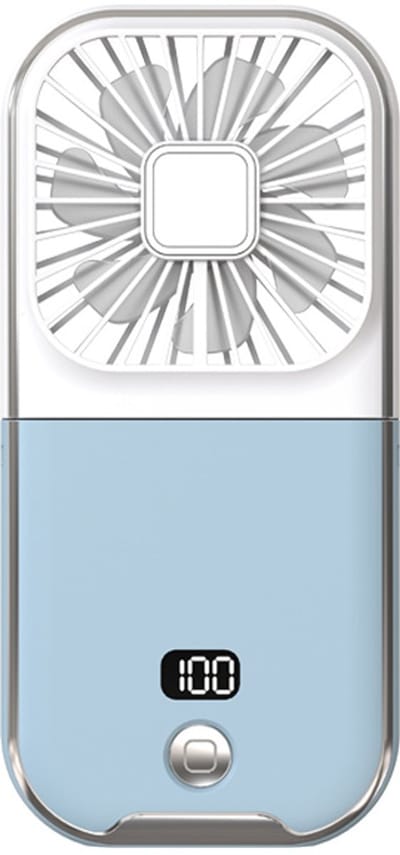 Miniventilator – Draagbare ventilator – Oplaadbare accu (3000 mAh) – Stil – Digitaal display – 4 snelheidsstanden – Geschikt voor gebruik thuis en buitenshuis in de zomer – Wit & blauw