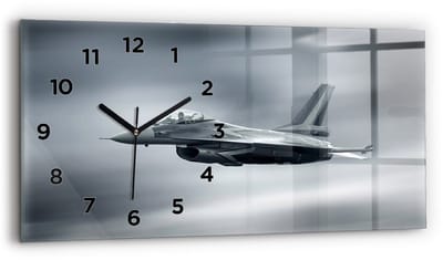 Wallfluent Wandklok - Militaire vliegtuigen in de vlucht Klok met Afbeelding - 60 cm x 30 cm - Grijs Wandklok - Zwarte Handen - Wandklok Met Cijfers - Stille Wandklok Slaapkamer - Glazen Klok Rechthoekige - Minimalistisch Wandklok - Unieke Wandklok