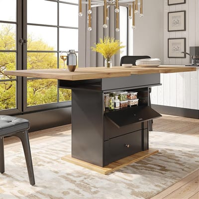 BLACKCOLORS Uitschuifbare Eettafel 110-140x80 cm - Opklapbare Keukentafel voor 4-6 Personen - Ruimtebesparend - Minimalistisch Design met Kastdeuren - Zwart - voor Keuken en Woonkamer