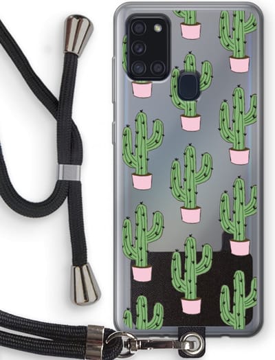 Case Company® - Hoesje met koord geschikt voor Samsung Galaxy A21s hoesje met Koord - Cactus Lover - Telefoonhoesje met Zwart Koord - Bescherming aan alle Kanten en Over de Schermrand