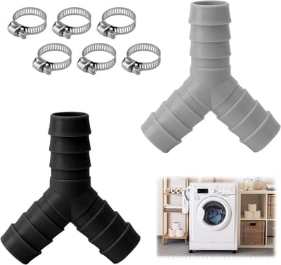 Y-distributor voor wasmachines, 2 Way Y manifold, wateraansluiting, afvoer, dubbele verbinding, slangaansluiting met 6 slangklemmen voor optimale waterverdeling