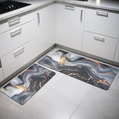 Set van 2 Antislip Keukenmatten voor Vermoeidheidsreductie, Waterdicht, Geschikt voor Keuken, Hal en Badkamer - Zwart, Goud en Grijs Marmerdesign