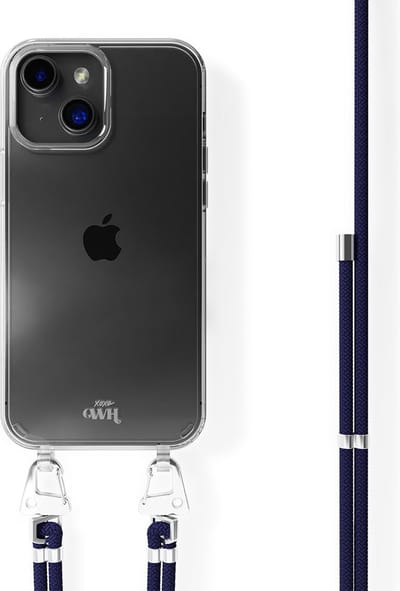xoxo Wildhearts siliconen hoesje - Geschikt voor iPhone 15 Plus - Navy Overload - Telefoonhoesje - Hoesje met koord - telefoonkoord - Donkerblauw - Transparant hoesje