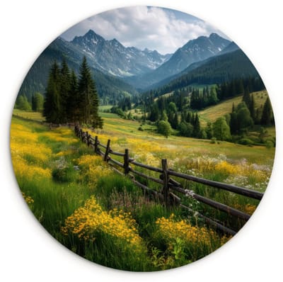 WallCircle® Wandcirkel 120x120 cm - Muurcirkel Veld - Hek - Bergen - Bloemen - Muurdecoratie woonkamer - Wanddecoratie slaapkamer - Kamer decoratie accessoires - Ronde schilderijen XXL