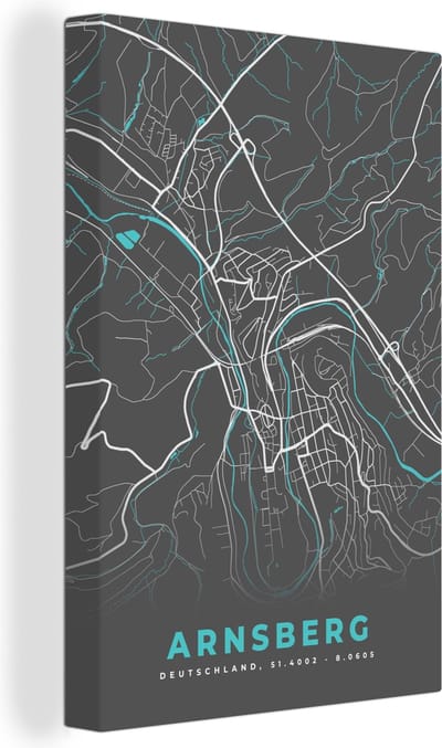 Canvas Schilderij Arnsberg – Stadskaart – Blauw – Plattegrond – Stadskaart – Kaart - Duitsland - 20x30 cm - Wanddecoratie
