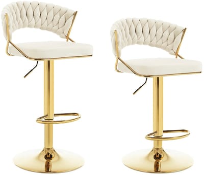 Luxe barkruk - Fluweel Barkruk - Set van 2 - Gevlochten - Hoogte verstelbaar - 360 graden draaibaar - Velvet - Gouden poot - Cream Wit