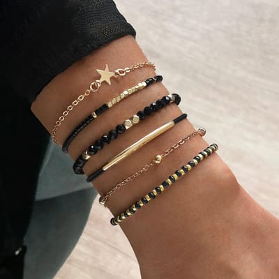 Ensemble de Bracelets en Pierre de Verre Noir Fait Main Pour Femmes Simple Corde Tressée Perles Chaîne Bangle Bijoux Accessoires de Mode Féminine brown