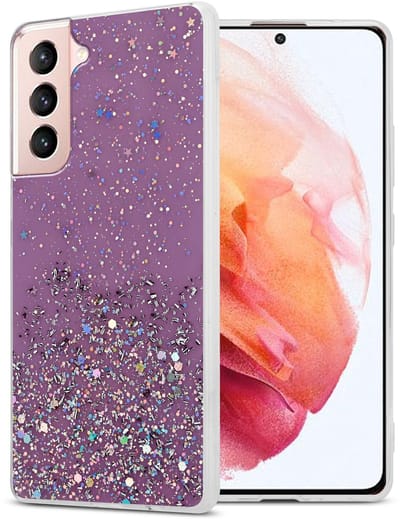 Cadorabo Hoesje geschikt voor Samsung Galaxy S21 5G in Paars met Glitter - Beschermhoes van flexibel TPU silicone met fonkelende glitters Case Cover Etui