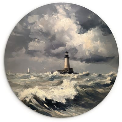 WallCircle® Wandcirkel 120x120 cm - Muurcirkel Vuurtoren - Golven - Storm - Muurdecoratie woonkamer - Wanddecoratie slaapkamer - Kamer decoratie accessoires - Ronde schilderijen XXL