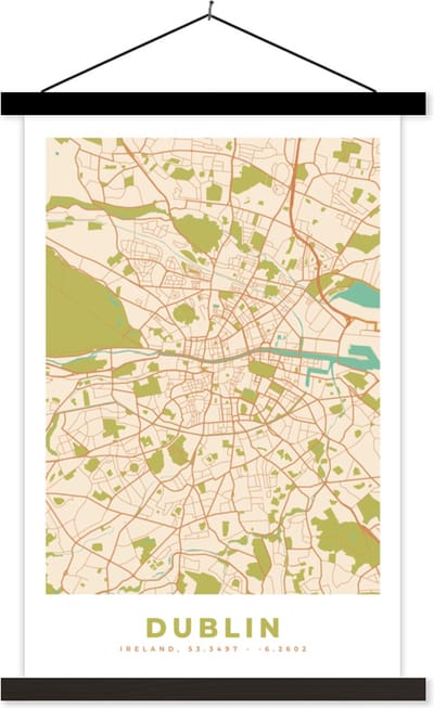 Posterhanger incl. Poster 40x60 cm - Schoolplaat - Kaart - Dublin - Stadskaart - Vintage - Plattegrond - Textielposter - Zwarte latten - Stadskaart