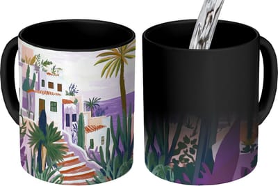 Magische Mok - Foto op Warmte Mokken - Koffiemok - Huizen - Minimalistisch - Palmbomen - Kust - Magic Mok - Beker - 350 ML - Theemok