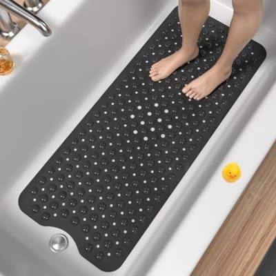 PromoHome Antislip Badmat Extra Groot 100x40 cm - Douchemat met Zuignappen en Afvoergaten - Anti-Schimmel Machinewasbare Badkamer Mat - Zacht PVC Materiaal - Zwart