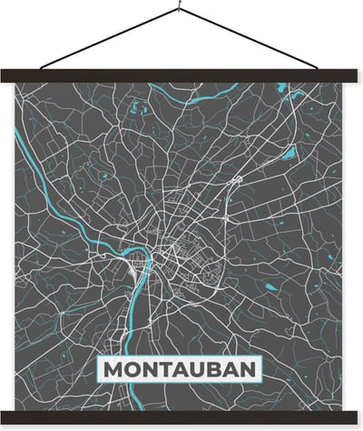 Posterhanger incl. Poster 60x60 cm - Schoolplaat - Montauban - Frankrijk - Plattegrond - Kaart - Stadskaart - Textielposter - Zwarte latten - Stadskaart