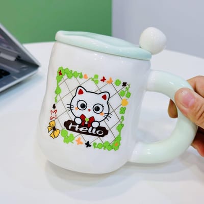 Keramische Kop Schattig met Deksel Ontbijt Creatieve Koffiekop Thuis Kantoor Meisje Stel Waterbeker Rietjesbeker 420ML