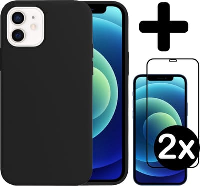 Hoesje - Met 2x Screenprotector - Geschikt voor Apple iPhone 12 - Sterk & Shockproof - Telefoon Hoes - Back Cover - Siliconen Case - Telefoonhoes - Zwart