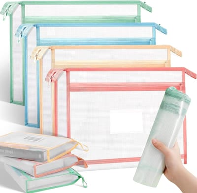 4x Set Waterdichte Documenttassen A4 met Ritssluiting - Dubbele Laag Archiefmap Opslag